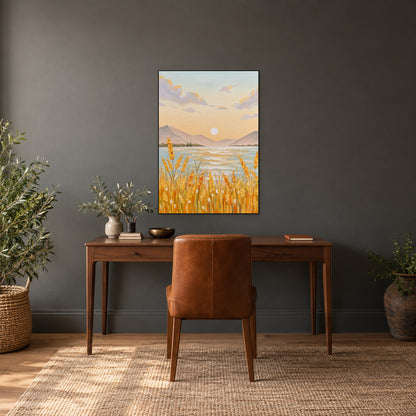 Grain and lake painting in a black frame above a wooden desk against a charcoal wall