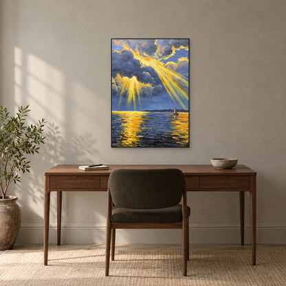 Blue and gold cloud painting in a slim black frame above a walnut desk in a softly lit study.