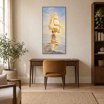 Golden sailing ship painting in a black floating frame above a walnut-toned desk and ochre chair.