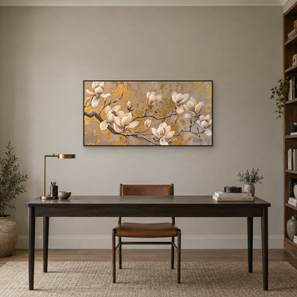Magnolia branches in a thin black frame above a dark desk and leather chair
