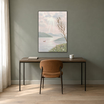 Hand-painted lake scene in a slim black frame above a dark wood writing desk