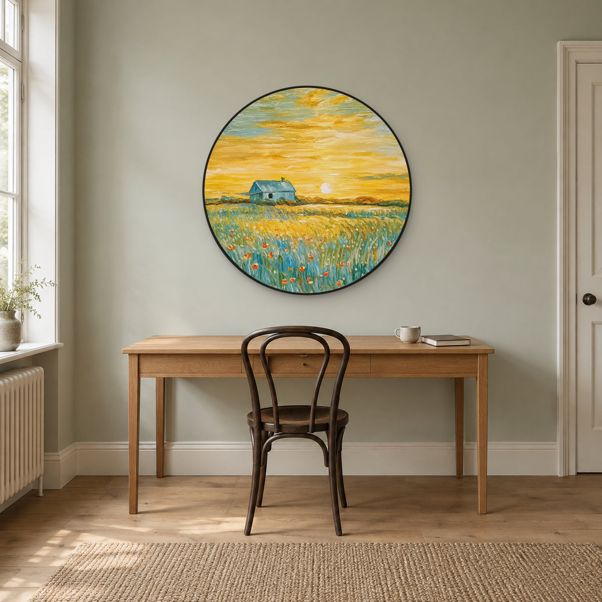 Golden cottage landscape in a round black frame above a wooden desk and dark bentwood chair