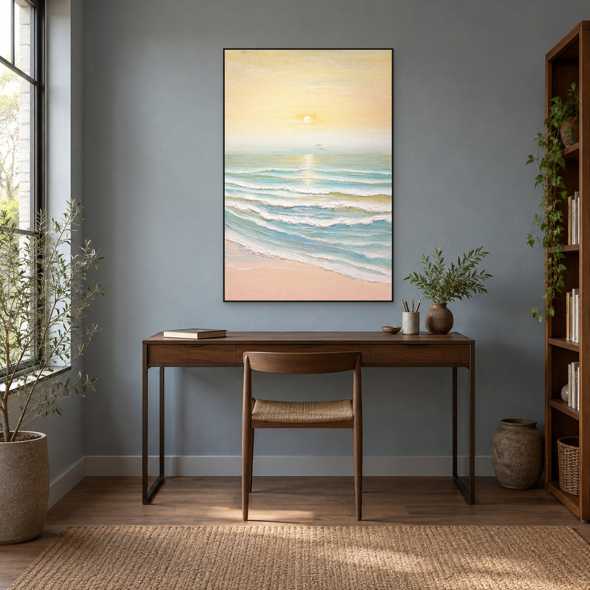 Morning Tide hand-painted seascape in a black floating frame above a walnut desk on a blue-grey wall