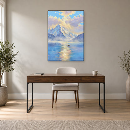 Morning mountain lake painting in a thin black floating frame centred above a walnut-colour writing desk