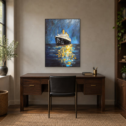 Night ocean liner in a black floating frame above a dark wood desk and black chair against a warm grey wall