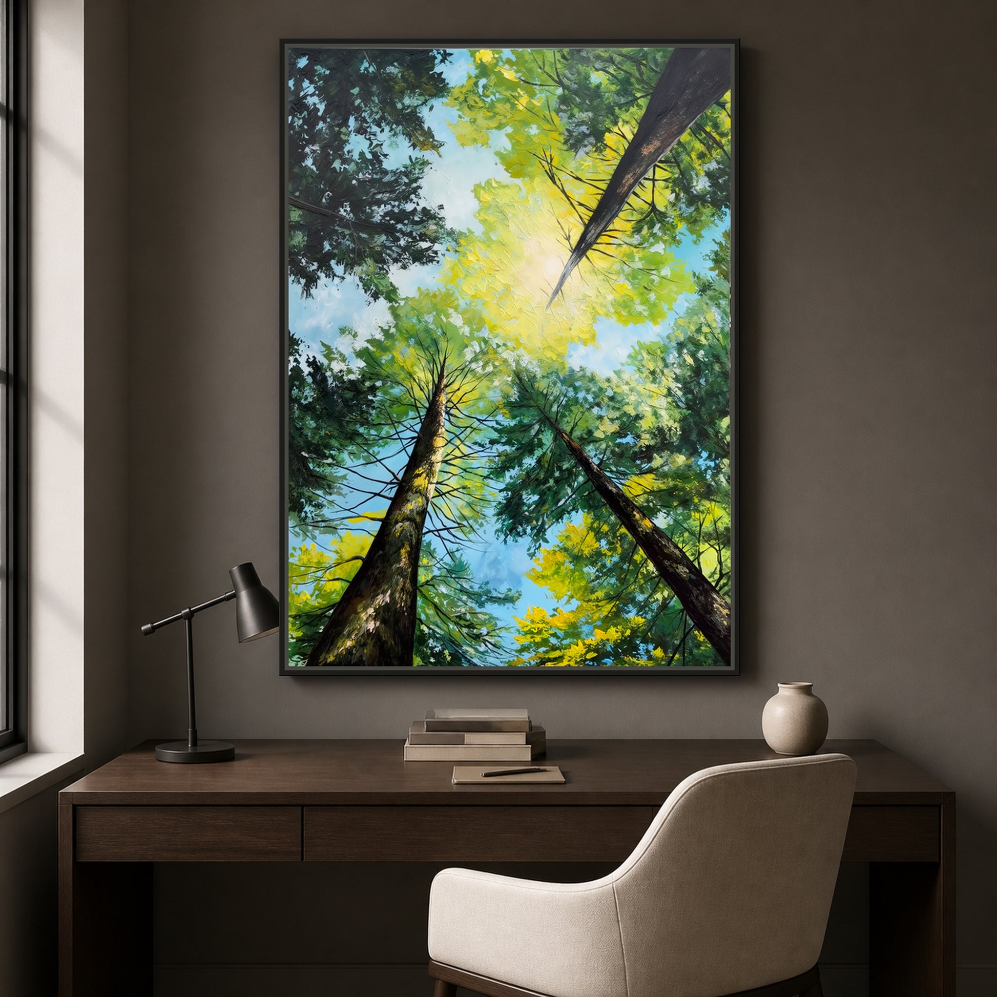 Light Through the Trees in a slim black floating frame above a walnut desk