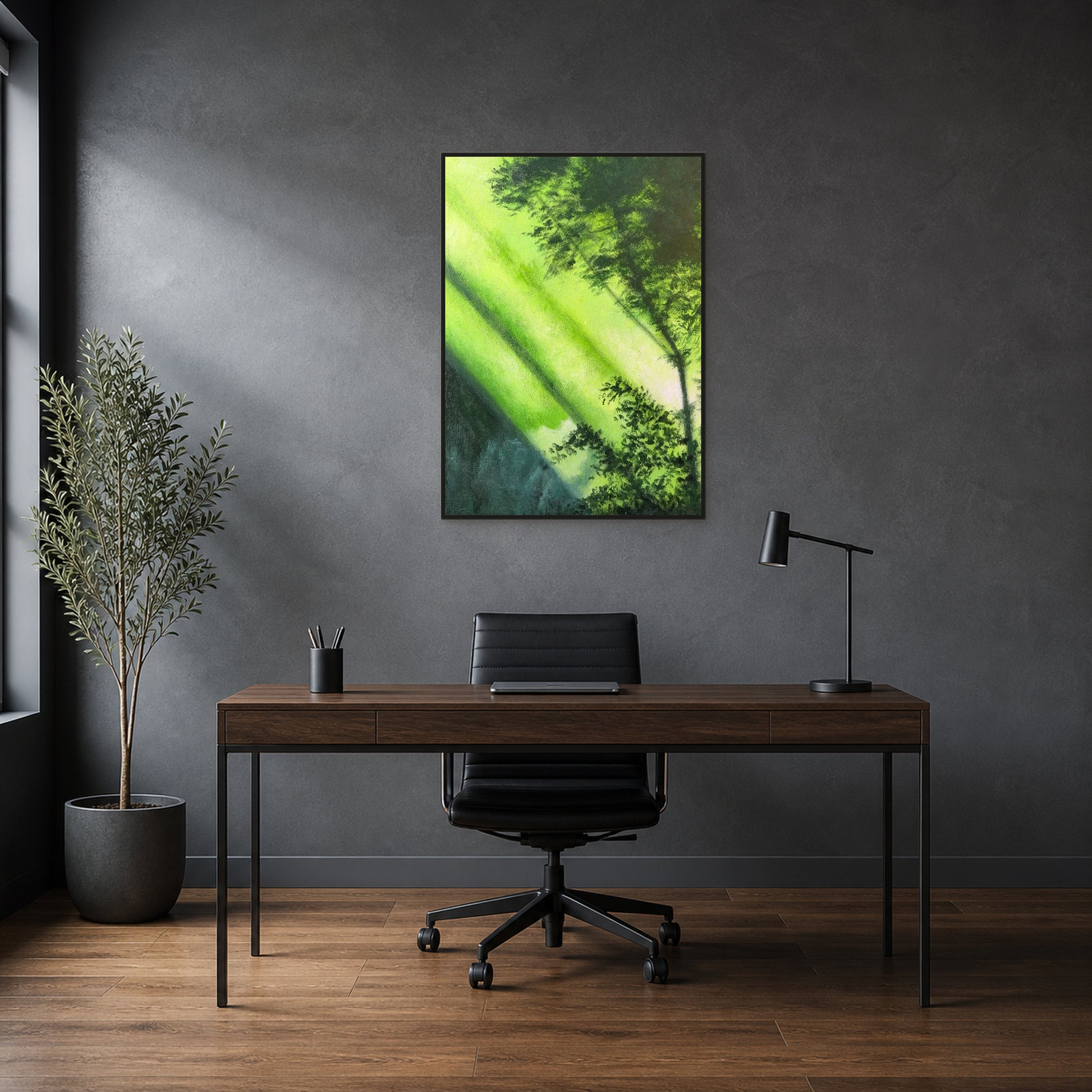 Forest Light in a slim black floating frame above a dark walnut office desk
