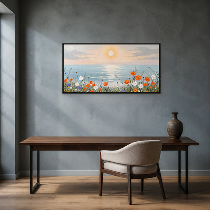 Coastal Bloom at Sunrise in a slim black floating frame above a walnut desk on a blue-grey office wall
