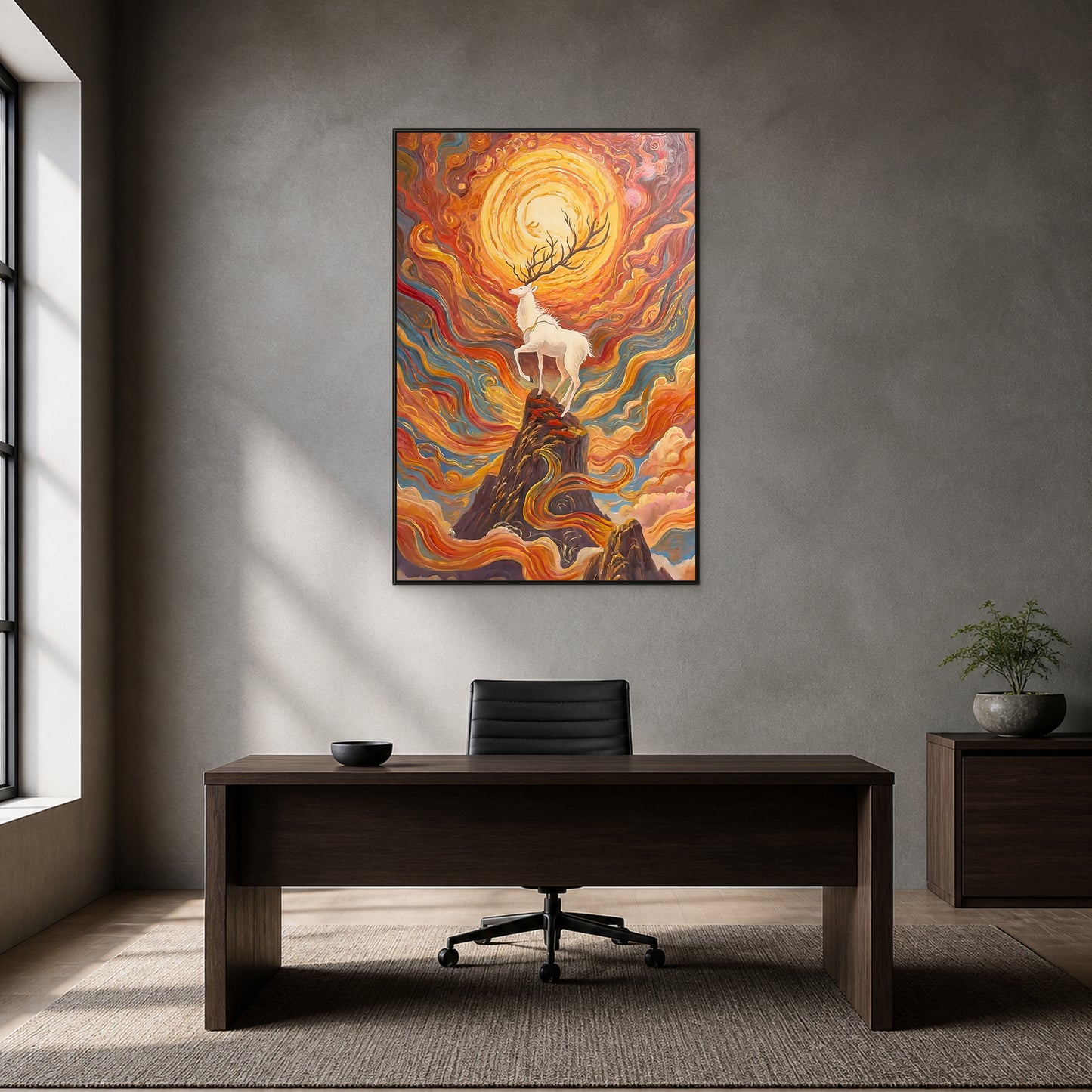 Red and gold sunrise deer artwork in a thin black floating frame above a walnut desk