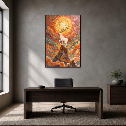 Red and gold sunrise deer artwork in a thin black floating frame above a walnut desk