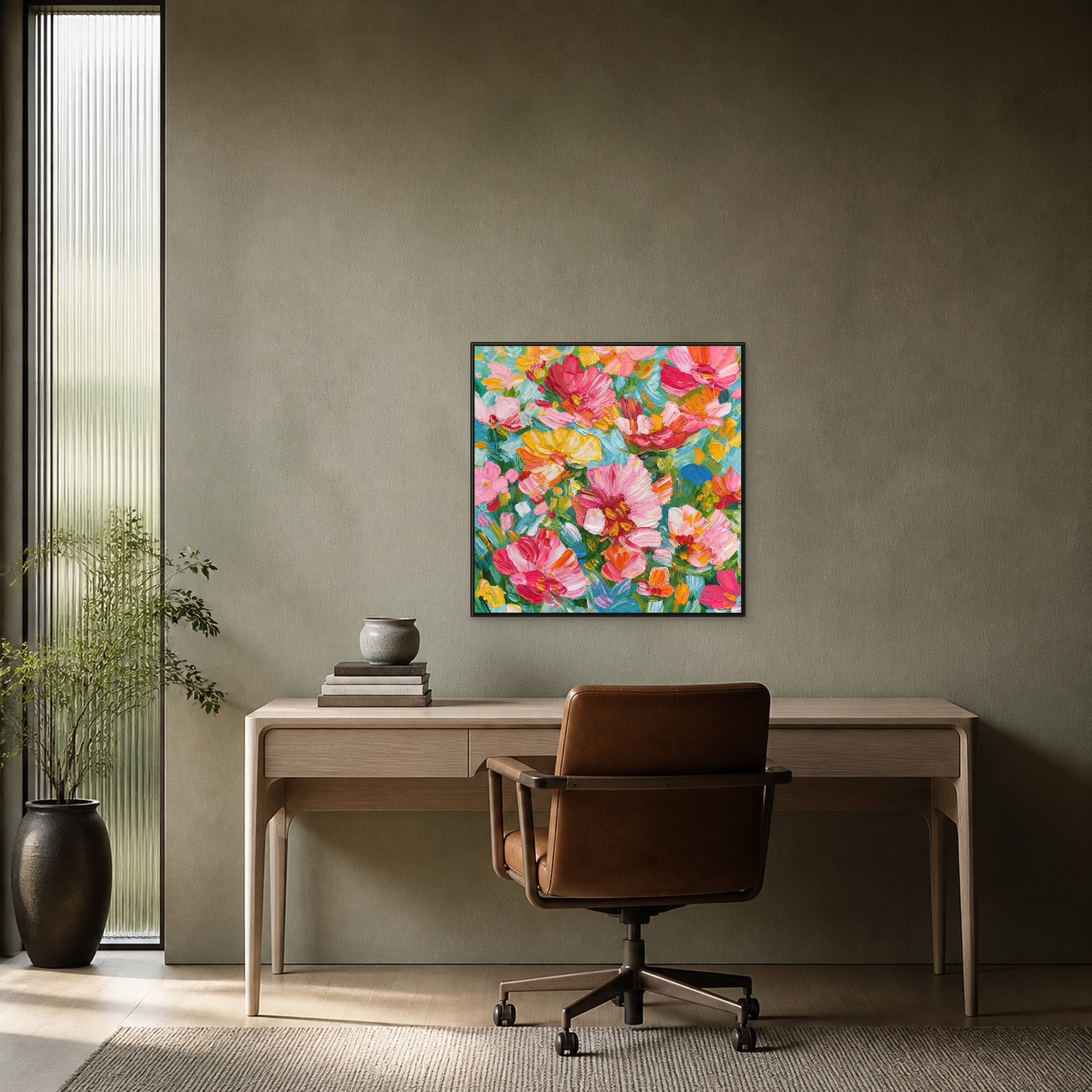 Floral Abundance in a slim black floating frame above a pale ash desk on a muted olive-grey wall