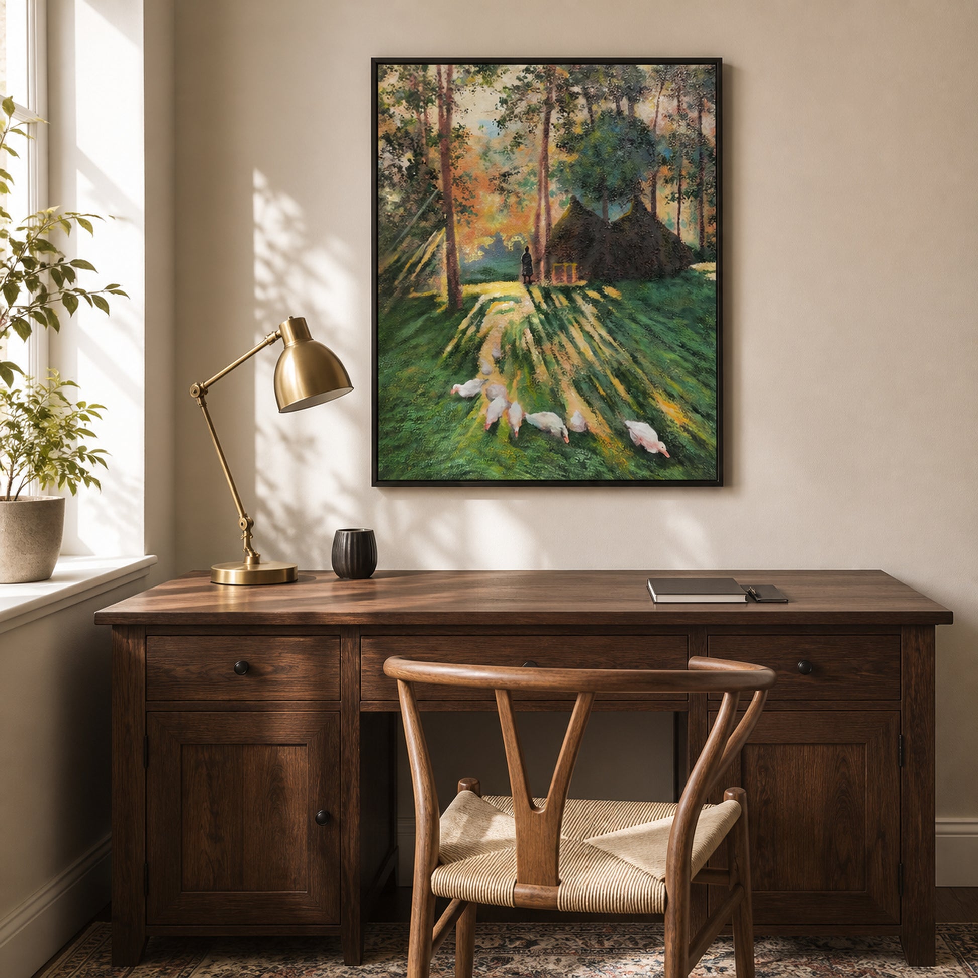 Woodland Morning in a slim black floating frame above a walnut home office desk