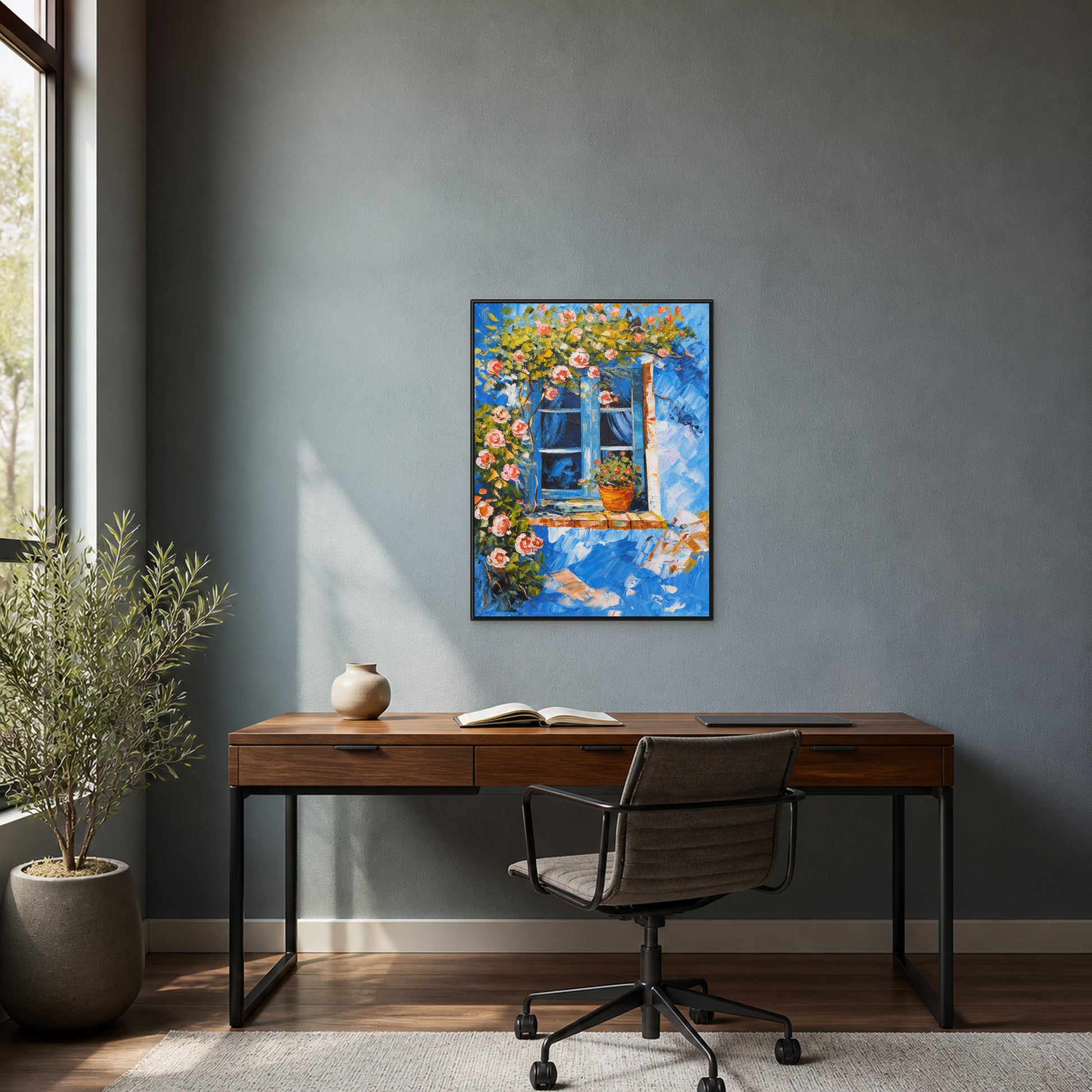 Blue Window in Bloom in a slim black floating frame above a contemporary home office desk
