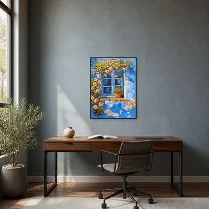 Blue Window in Bloom in a slim black floating frame above a contemporary home office desk