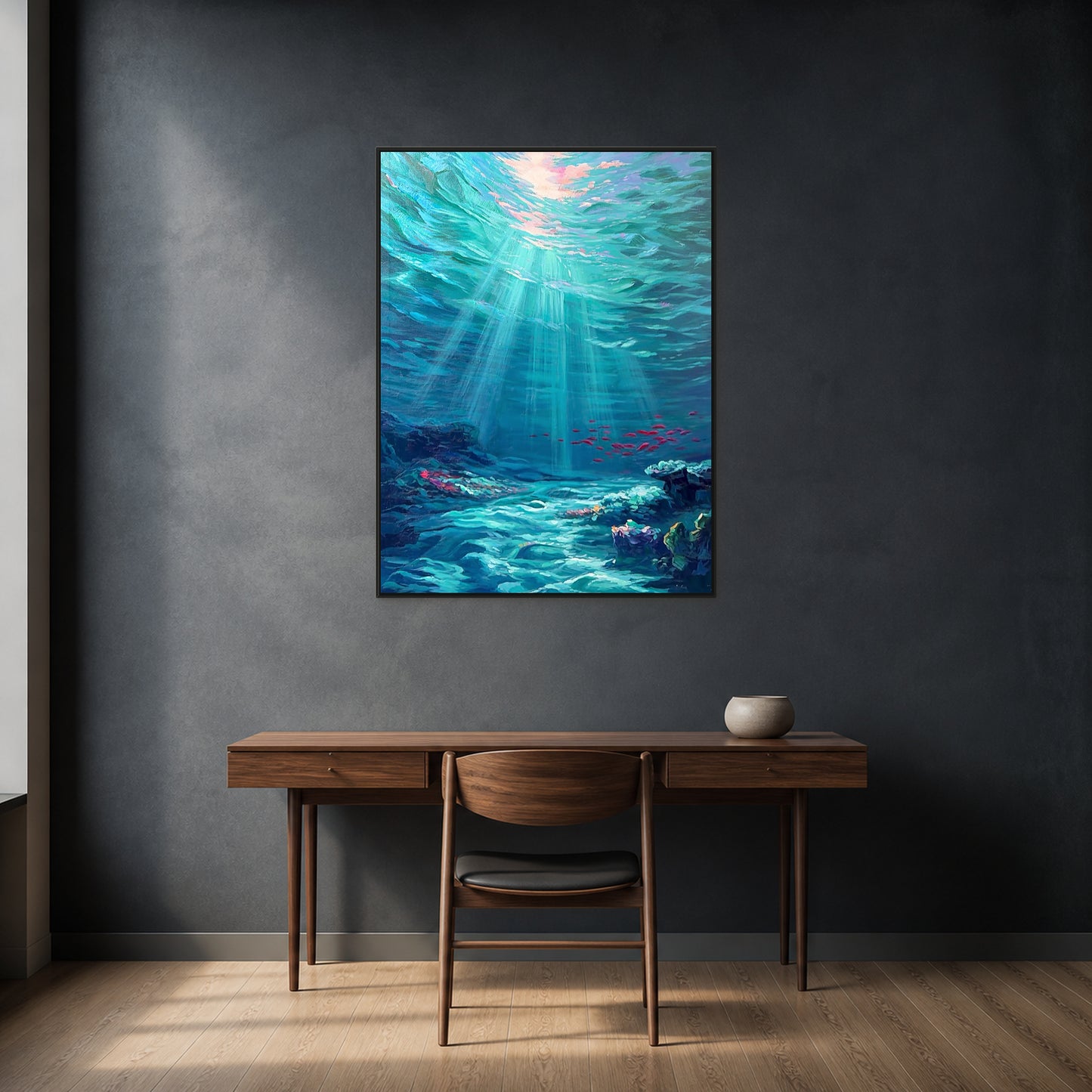 Deep Blue Reverie in a slim black floating frame centred above a walnut desk on a charcoal office wall