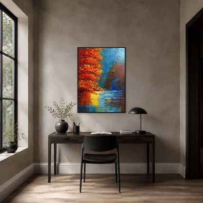 Red and blue lake reflection painting in a slim black floating frame centred above a modern desk