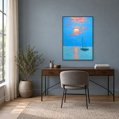 Coral sunset and teal boat painting in a thin black floating frame above a walnut desk against a blue-grey wall.
