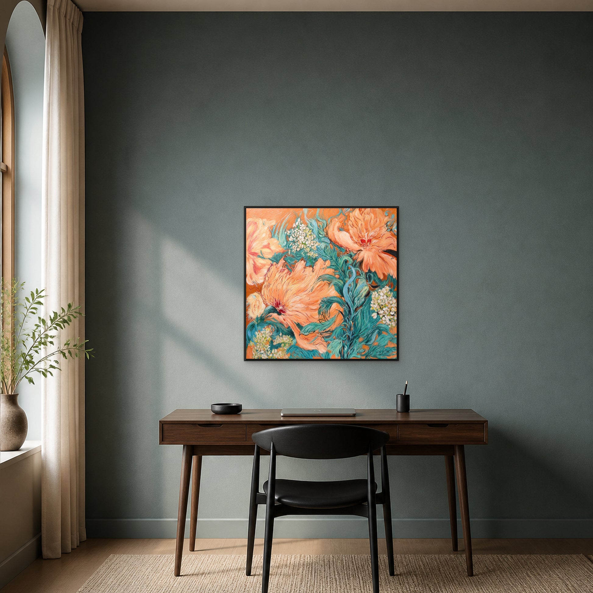 Coral Peony Garden in a slim black floating frame above a walnut desk on a muted blue-green office wall