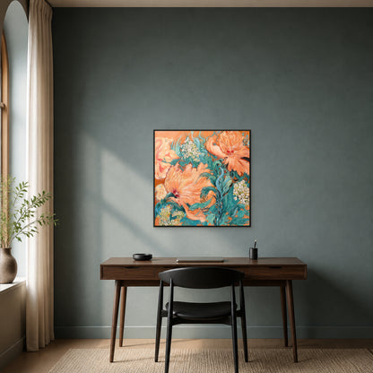 Coral Peony Garden in a slim black floating frame above a walnut desk on a muted blue-green office wall