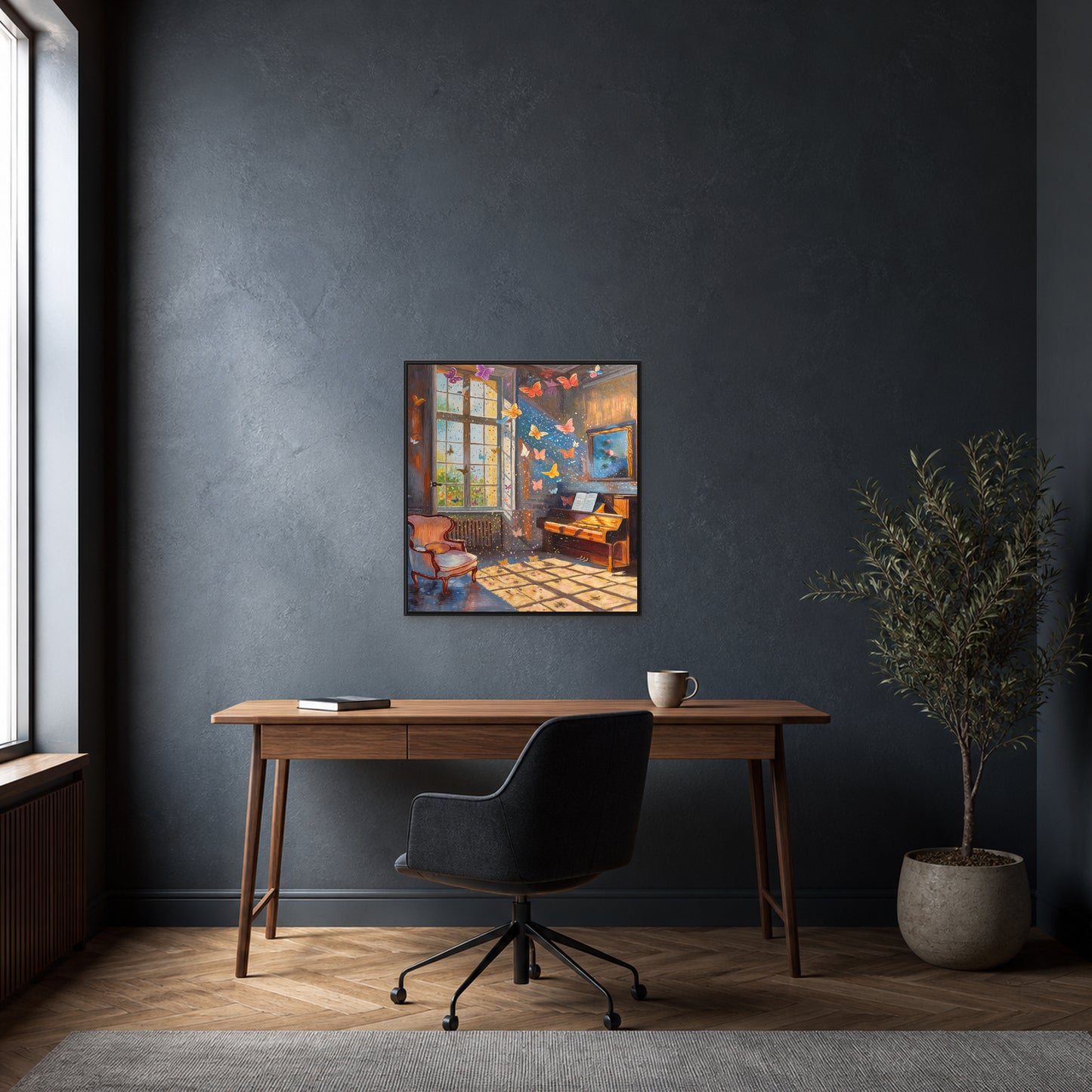 Butterflies in the Music Room in a slim black floating frame above a walnut desk on a charcoal-blue wall