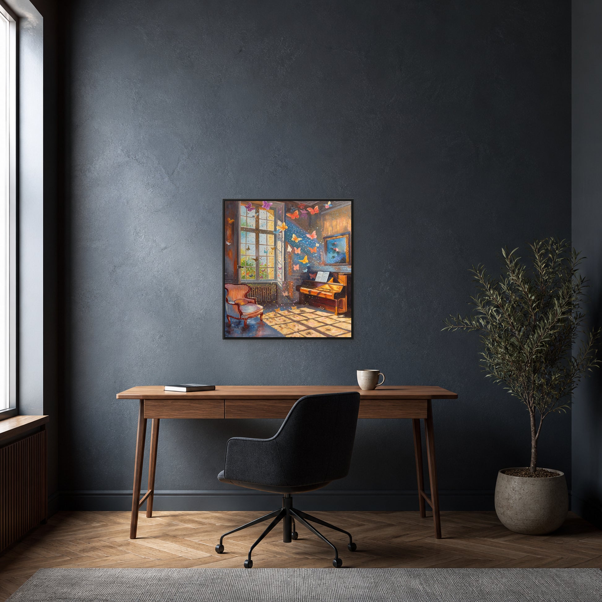 Butterflies in the Music Room in a slim black floating frame above a walnut desk on a charcoal-blue wall