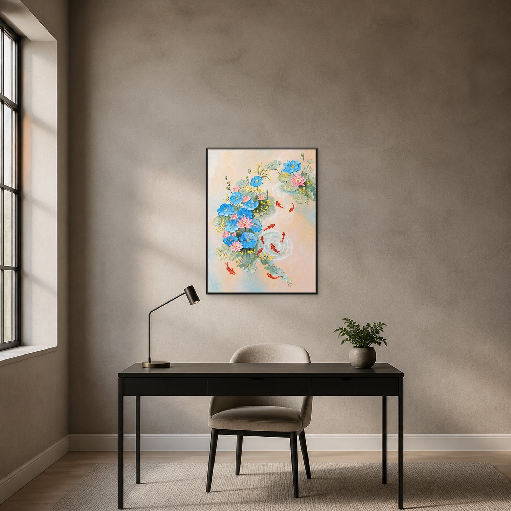 Nine Koi and Lotus in a slim black floating frame above a black desk on a stone-grey wall