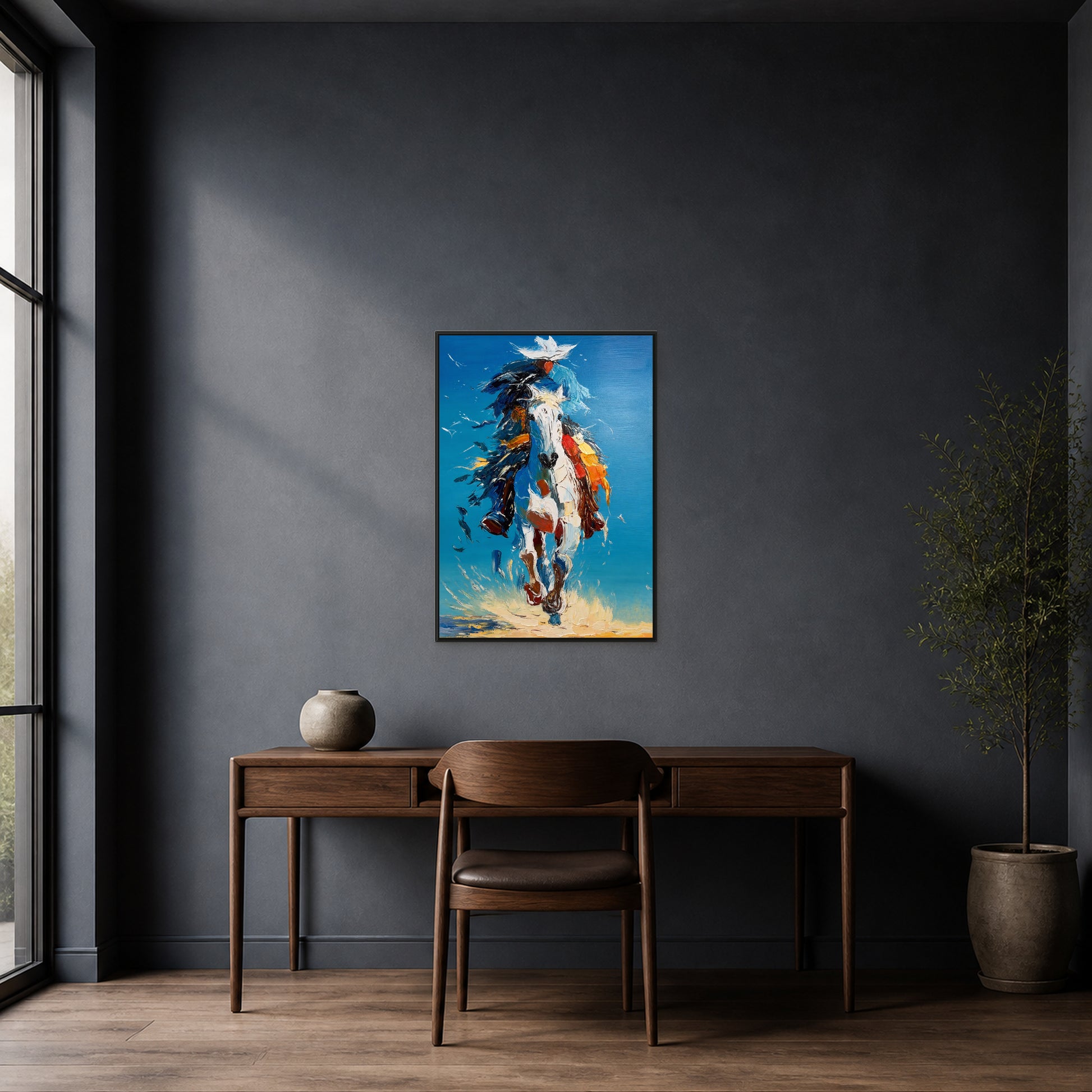Blue Sky Gallop in a slim black floating frame centred above a walnut desk on a charcoal-blue wall