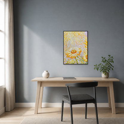 Sunflowers in Golden Light in a slim black floating frame centred above an ash-wood desk on a dusty blue-grey wall