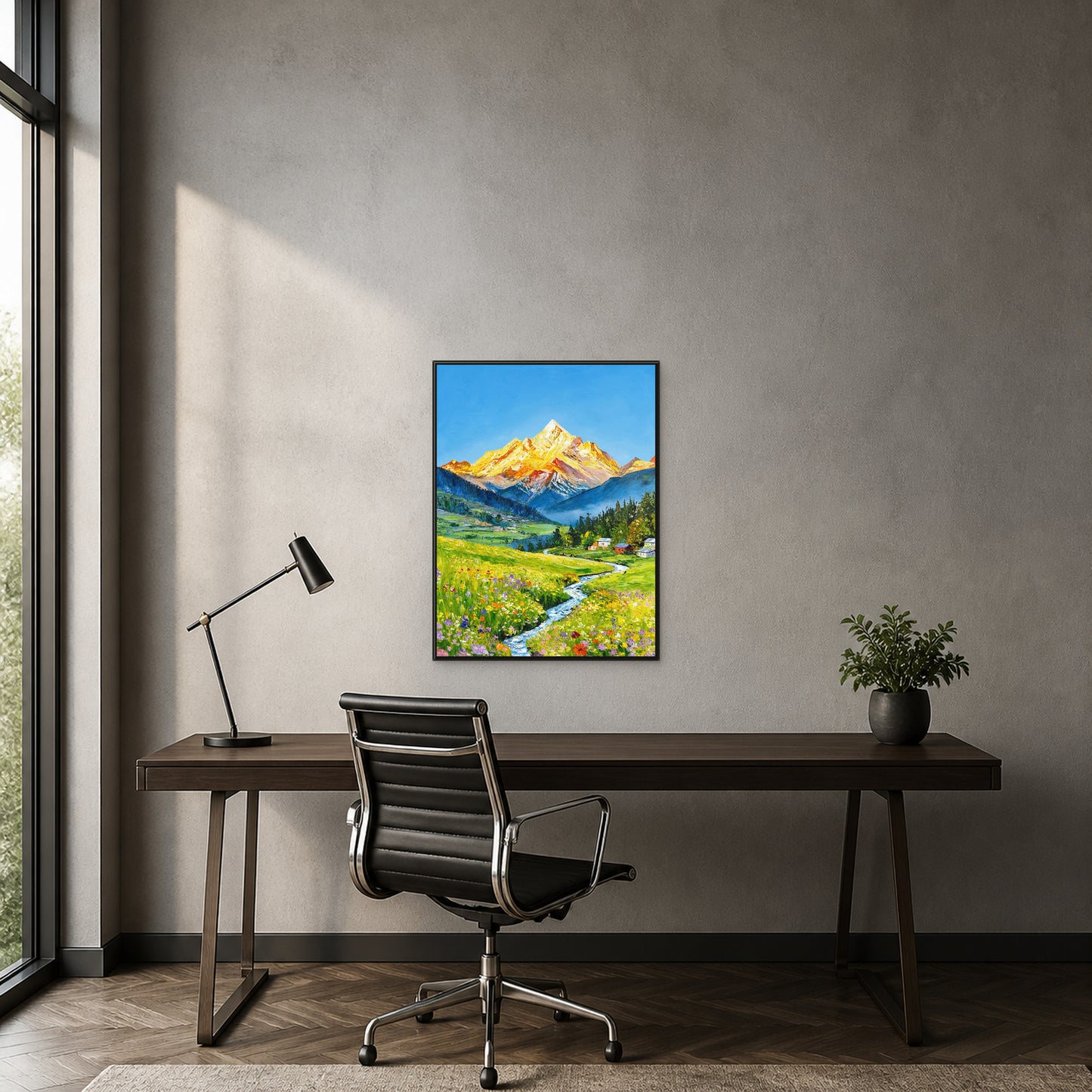 Spring Beneath the Golden Mountain in a slim black floating frame above a dark walnut home-office desk