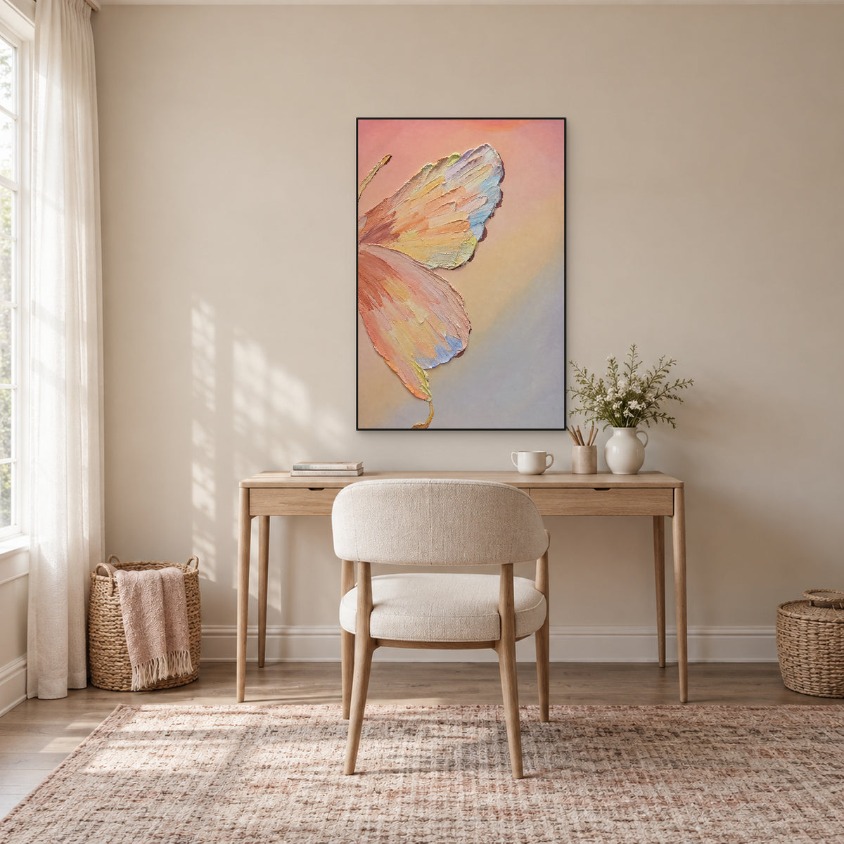 Pastel butterfly wall art in a slim black floating frame above a pale wood desk