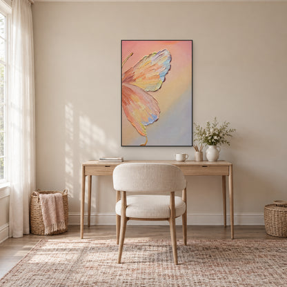 Pastel butterfly wall art in a slim black floating frame above a pale wood desk