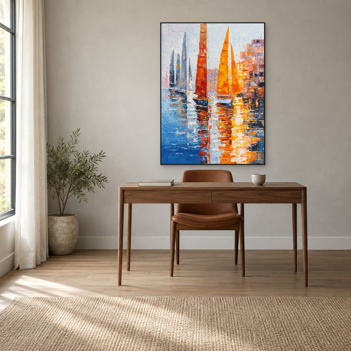 Colourful harbour art in a black floating frame above a walnut writing desk
