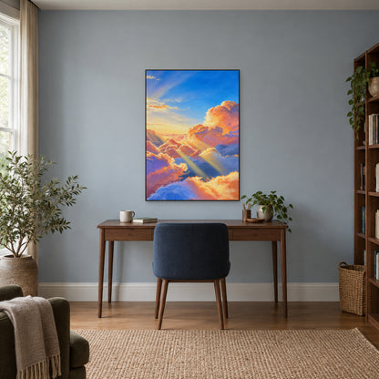 Blue and peach cloud painting in a black floating frame above a wooden desk against a blue-grey study wall