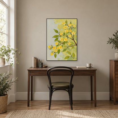 Black-framed yellow flower painting above a dark wood desk beside a bright window