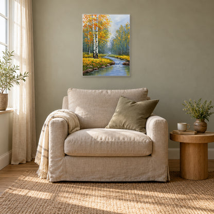 Golden birch foliage and a misty blue stream, framed in white above a flax-coloured reading chair.