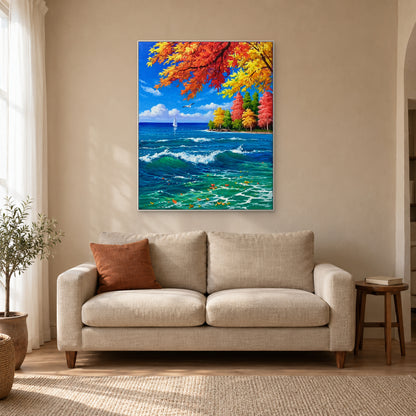 White-framed autumn seascape above a beige linen loveseat with a rust-coloured cushion