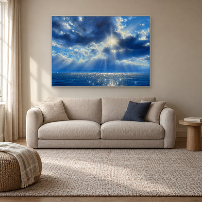 Blue cloud and sunbeam painting in a white floating frame above a beige settee in a reading nook.