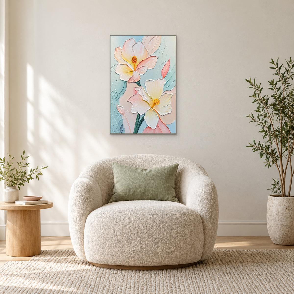 Raised cream and blush flowers in a white frame above a curved ivory armchair beside a round wooden table
