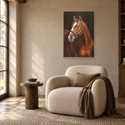 White-blazed horse portrait in a white frame above an ivory reading chair