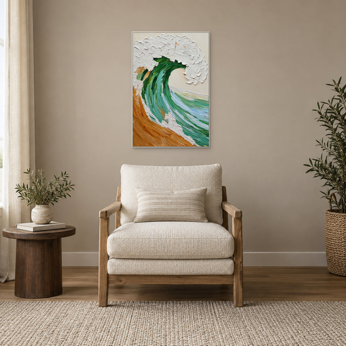 White-framed green and ochre wave above a linen armchair beside a bright window