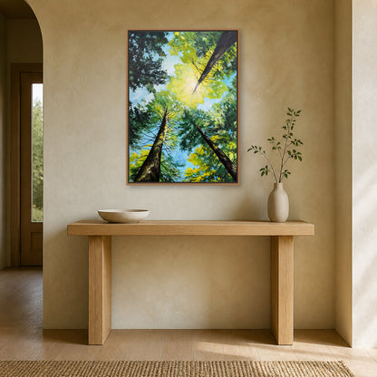 Light Through the Trees in a slim natural wood floating frame above an oak entryway console