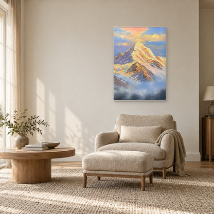 Gold and lilac mountain landscape in a white frame above a cream reading chair