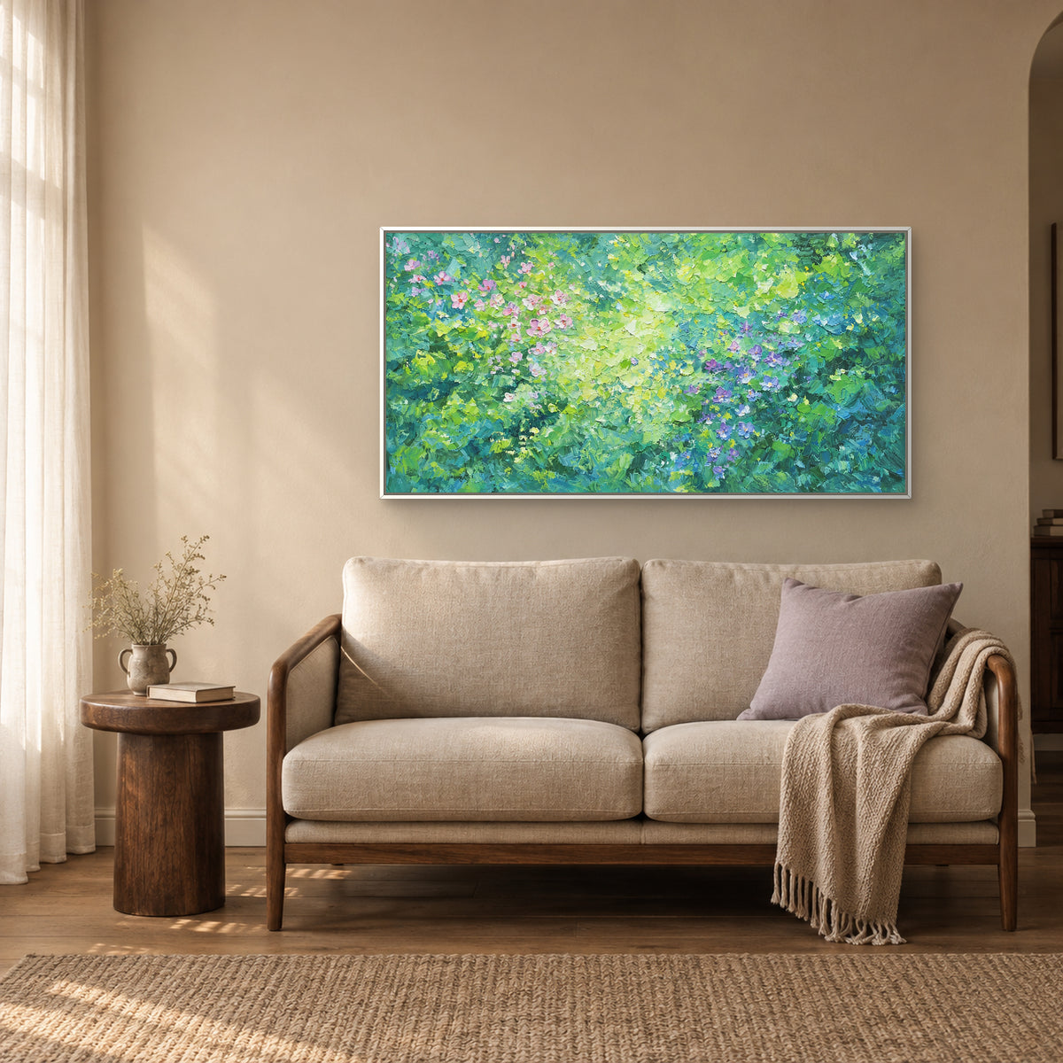 Green in Bloom in a white floating frame above an oatmeal wood-armed settee with a lilac cushion and round side table