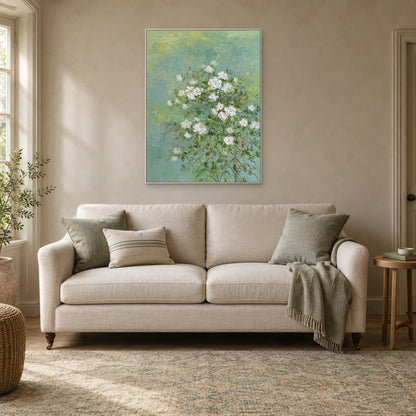 Jasmine in Green with a slim white frame above a cream reading sofa