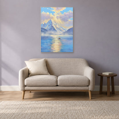 Snowy peak and small boat painting in a white floating frame above a linen loveseat against a lavender-grey wall
