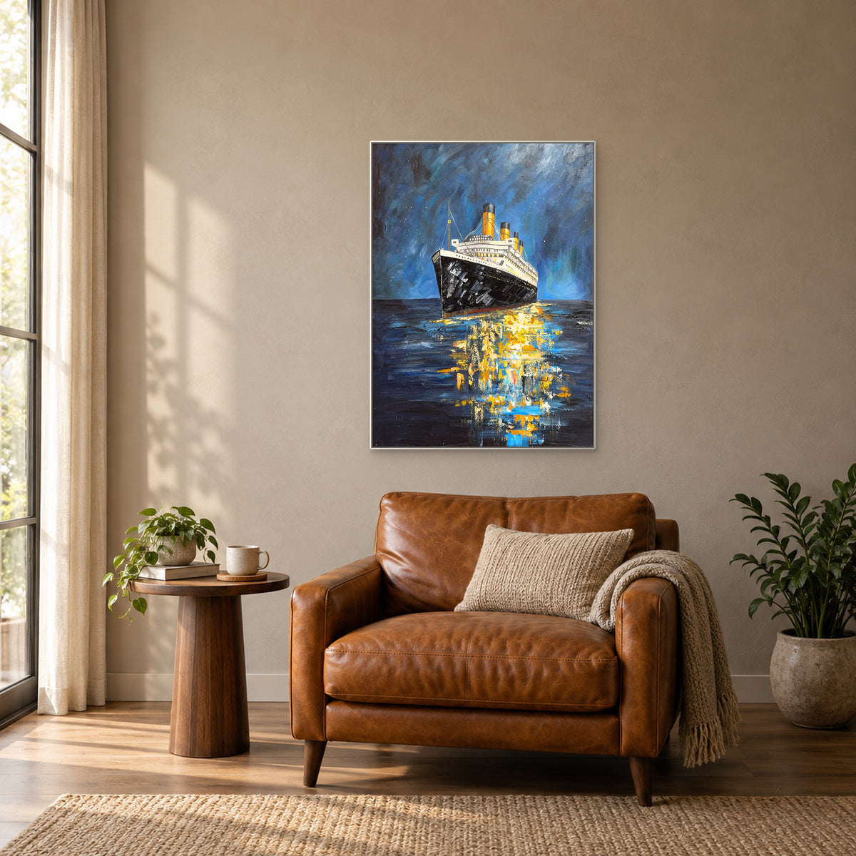 Vertical ship painting in a white floating frame above a cognac leather armchair beside a round wood side table