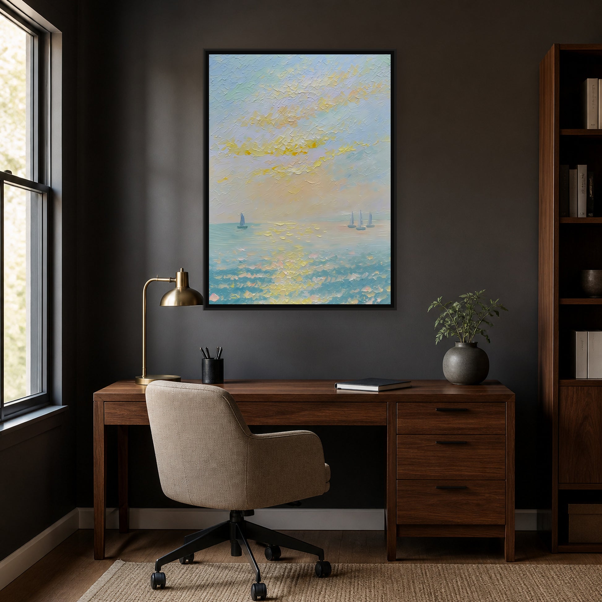 Sails on a Golden Sea in a slim black floating frame above a walnut home office desk