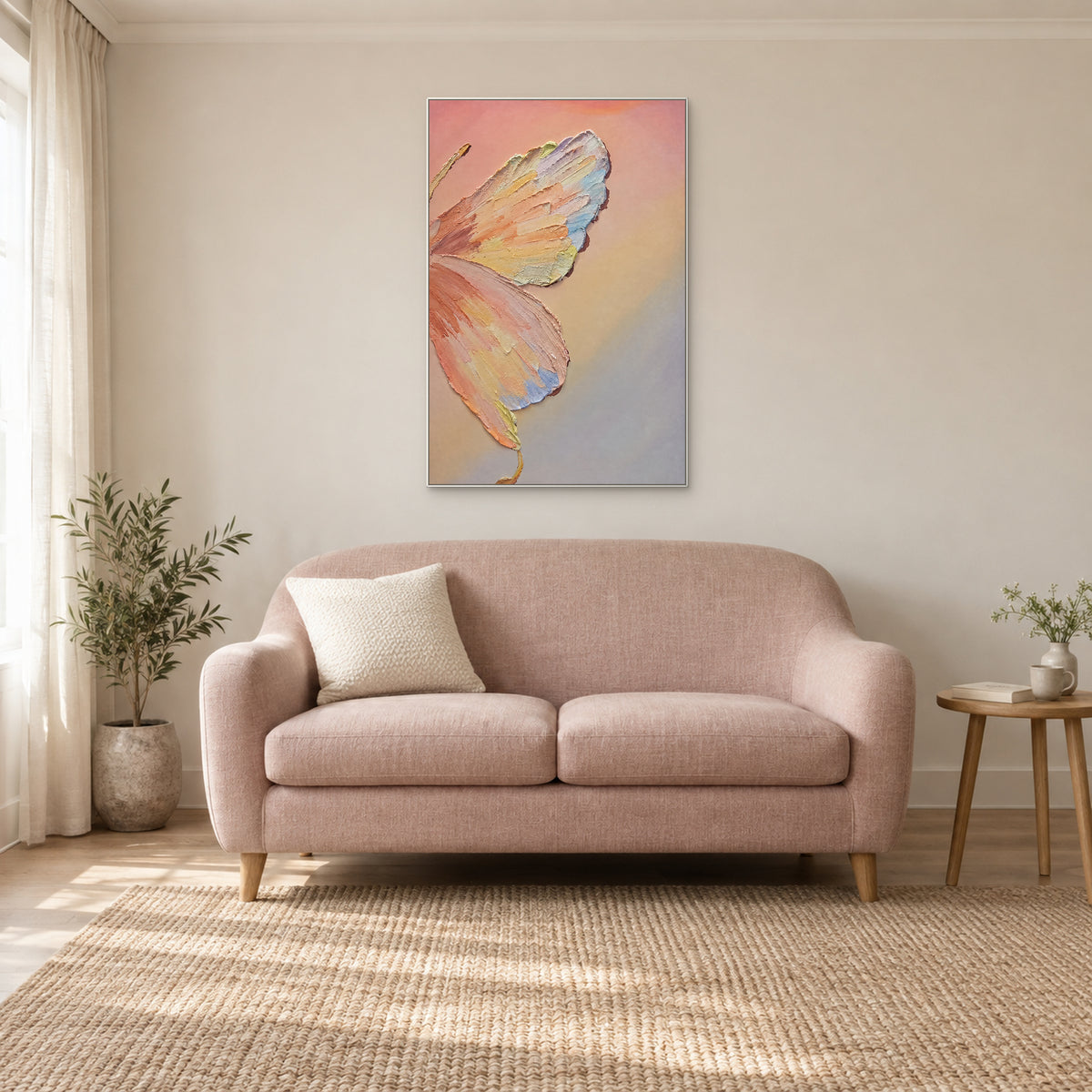 Textured pastel butterfly in a white floating frame above a blush loveseat