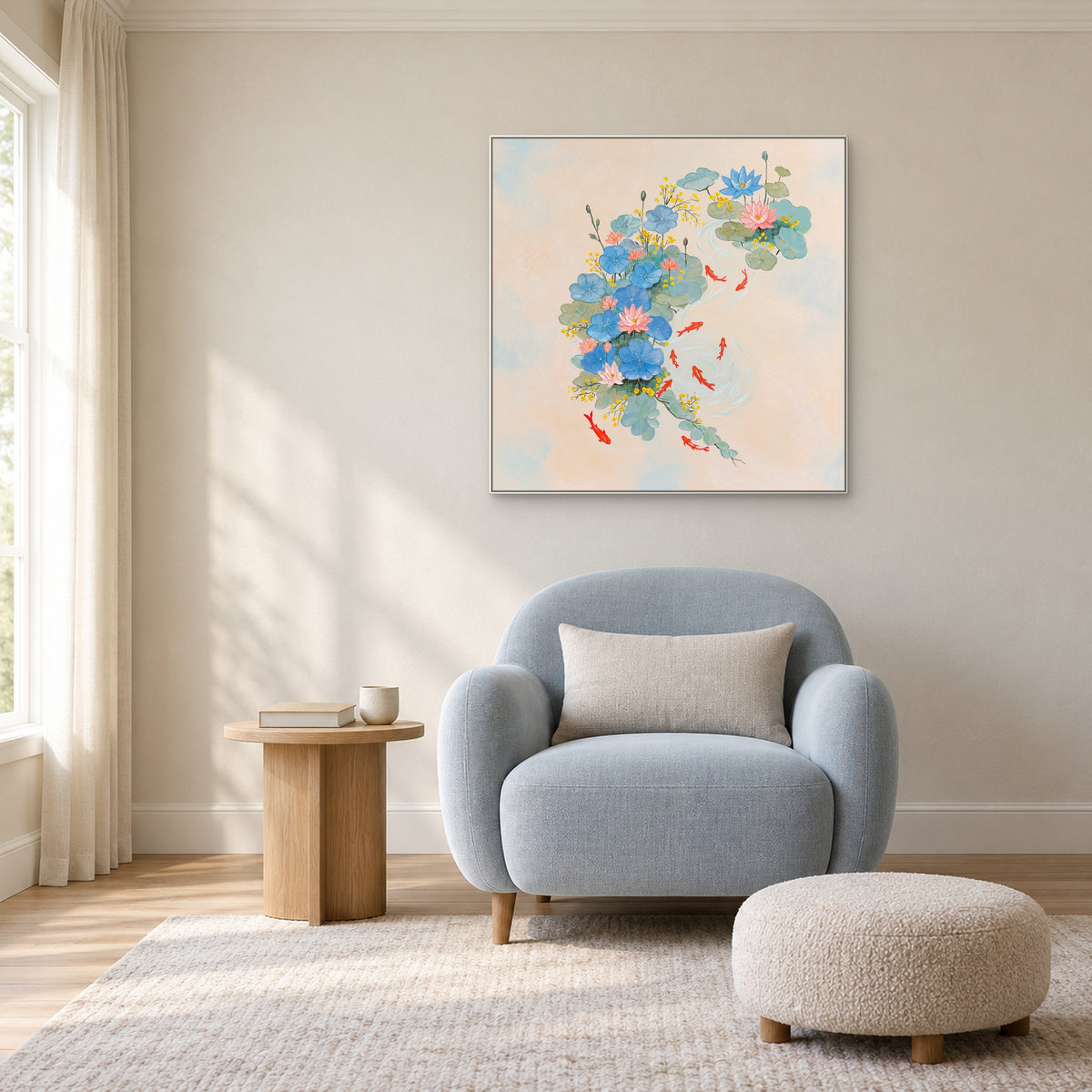 Pink and blue lotus with red koi in a white frame above a pale blue reading chair