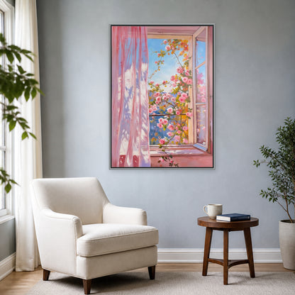 Roses at the Open Window in a slim silver floating frame beside an ivory reading chair